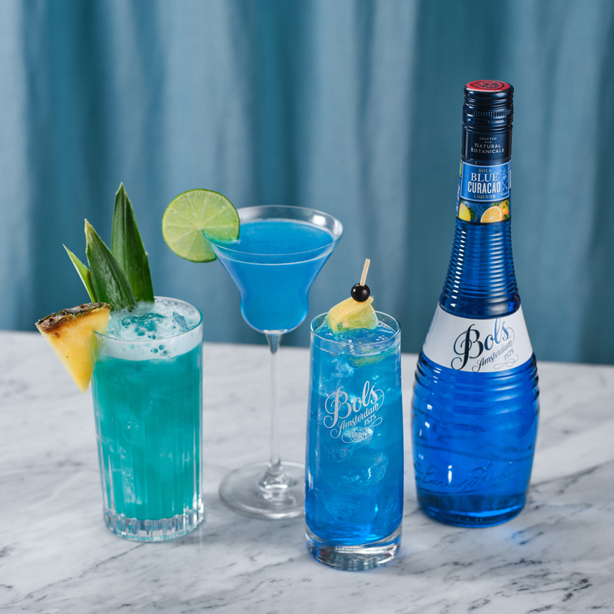 Blue Curacao liqueur with Margarita Azul, Blue Hawaii, and Blue Curacao Tonic